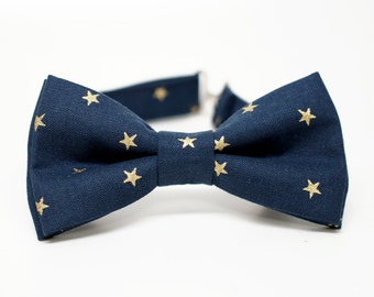 Gold Metallic Star On Navy Bow Tie for all ages - Pre-tied bowtie - ring bearer, wedding day, photo prop, church, party, holiday