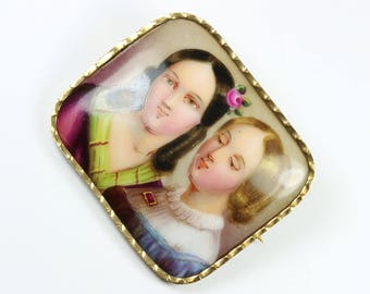 Vintage Victorian Style (1837-1901) Silver Gold Plate Porcelain Portrait Miniature Brooch
