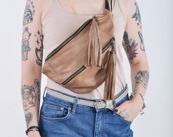 Beige Leather Fanny Pack Oversize Bum bag Genuine leather bag Travel purse Money belt Voyage bag Hip bag X-Large bumbag