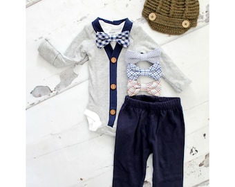 Newborn Baby Boy Coming Home Outfit Set up to 4 Items Cardigan Bodysuit, Bow Tie Bodysuit, Navy Blue Pants & Knit Newsboy Hat. Easter Spring