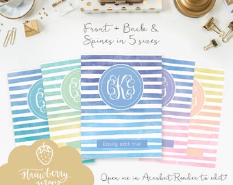 Striped monogram binder cover printable, 5x set Covers & Spines, Initials, Binder insert, Planner cover, Teacher binder, Pastel color binder