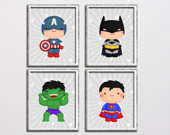 Superhero nursery printable art set, boys room art, superman, captain America, batman, hulk, parody art, playroom superhero decor download