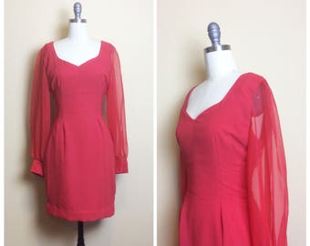 60s Orange Red Wiggle Dress With Balloon Sleeves / 1960s / Sixties / Vintage Sheer Sleeve Mod Mini Dress / Medium