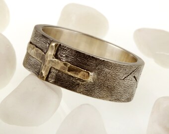 Unique Men's Wedding Band, Men ring, Men wedding ring, Rustic Silver & 14K Gold or copper Men's Ring, Casual ring, Gift for him, RS-1205