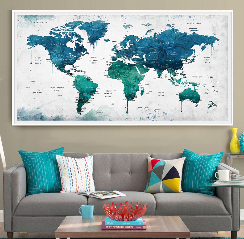 Extra Large Watercolor Push Pin Map Poster Print World Map