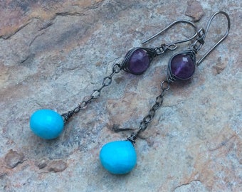 TURQUOISE and AMETHYST Earrings, blue and purple gemstone jewelry, woven earrings, handmade artisan jewelry by Angry Hair Jewelry