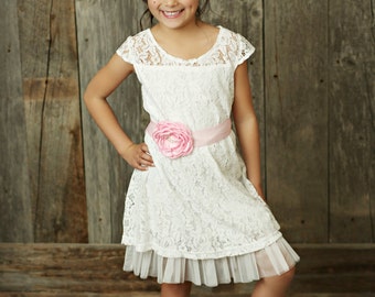 Flower girl dress, rustic flower girl dress, country flower girl, Off White lace dress, easter dress, shabby chic flower girl, Baby dress