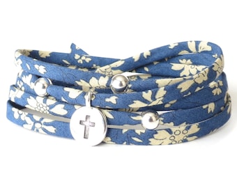 Blue cross bracelet, bereavement gift for mom, Liberty fabric wrap in dark blue and cream, thinking of you gift for strength & support