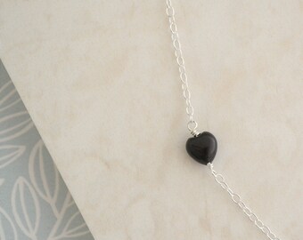 Black Onyx Heart Necklace, Sterling Silver Wire Wrapped Pendant, Black Heart Shaped Gemstone Necklace, Silver Layer Necklace