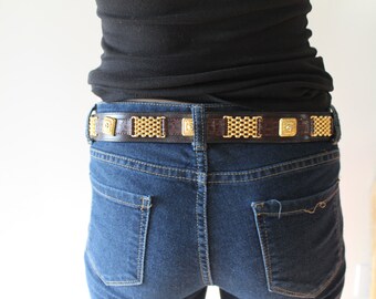 Vintage brown leather belt with gold detail