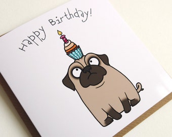 Happy Birthday Confused Pug Cupcake Greeting Card, Birthday Card, Pug Card