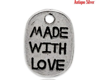 100 pcs. Antique Silver Oval Rectangle Charms Pendants - Made with Love - 11x8mm