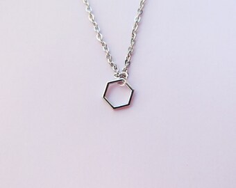 Dainty geometric modern necklace, hexagon jewelry, steel Tibetan silver, minimalist gift for her, contemporary silver tone costume jewellery