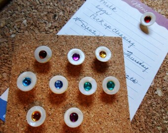 10 Shell and Rhinestone Push Pin Thumb Tack Set Repurposed Buttons Multi Color