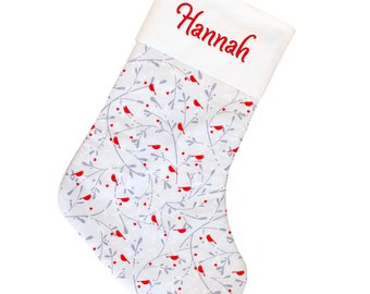 Stocking with Birds, Winter Cardinals, Large Christmas Stocking | Gray and Red Stocking CS0047 by Forshee Designs