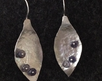 leaf earrings sterling silver -gemstone iolite "dew drops" -