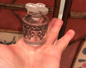 Vintage Petite Glass Perfume Bottle With Frosted Glass Flower Stopper & Pretty Lacey Design