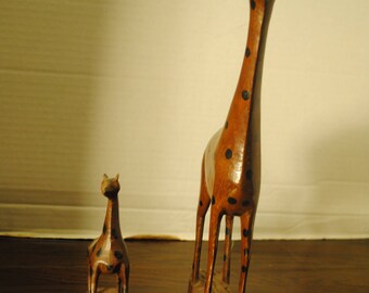 Unique Original African Wood Carvings of Momma Giraffe, 13 in tall, and Baby Giraffe 6 in tall