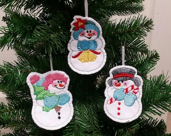 Set of 3 - Embroidered Snowman ornament - Snowman christmas ornament - Embroidered felt ornament -Christmas gift