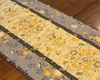 Yellow and Gray Floral Table Runner, Modern Gray Quilted Table Runner, Quilted Spring Table Runner, Yellow Floral Table Runner