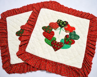 Two hand quilted 20" Christmas throw pillow cover with heart appliquéd wreaths