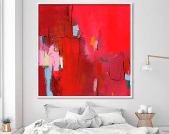 Giclée print of Abstract art Acrylic painting Extra large wall art "My new dress 1" Bold Red painting with pink
