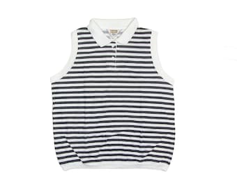 SLEEVELESS STRIPED TOP // black stripes / white stripes / black and white striped top / collared / 80s 90s vintage / womens / medium