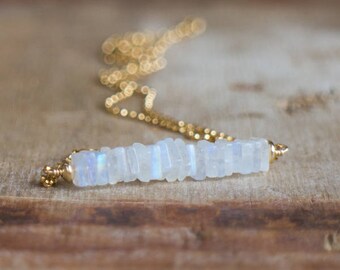 Moonstone Necklace, June Birthday Gift for Her, Bar Necklace, Rainbow Moonstone Jewelry, Handmade Gemstone Jewelry, June Birthstone Necklace
