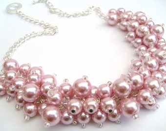 Pearl Beaded Necklace, Bridal Jewelry, Cluster Necklace, Chunky Necklace, Bridesmaid Gift, Custom Colours - Pink Pearls