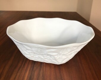 Vintage Floral Embossed MILK GLASS BOWL