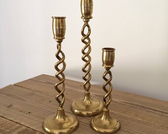 Set of 3 Brass Twist Stem Taper Candleholders