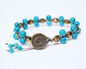 Hand Knotted Howlite Bead Bracelet. Boho.Button Dangles . Glass . Wedding Gift .Bracelet. Boho .
