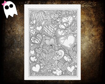 Printable Coloring Page - Digital Print - Adult Coloring Page - Kids - Adults - Hearts - Flowers - Doodles - Color - Print - PDF (CP-13)