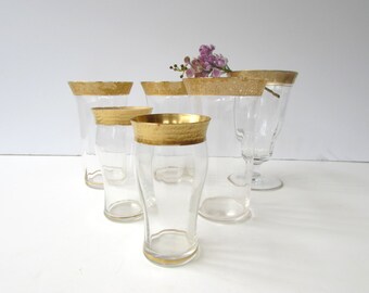Antique Glassware Assortment - Vintage Glassware - Gold Banded - 22k Gold Encrusted - Tumblers - Whiskey Glasses - Juice Glasses - Goblet -