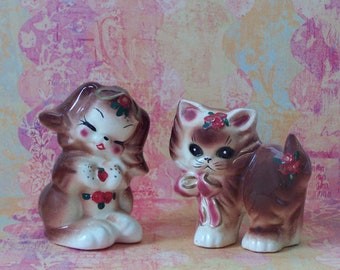 Vintage Reddish Brown Kitten and Puppy Figurine - Japan