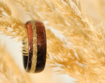 Wood Ring, Ebony Macassar Wooden Ring with Gold Glass Inlay. Men's Wood Rings, Women's Wood Rings, Wood Engagement Ring, Wood Wedding Bands