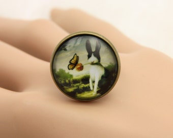 Rabbit Ring, Animal Ring, cabochon Ring, Adjustable Ring, Statement Ring, (2020B)
