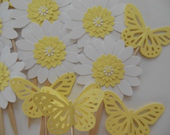 Butterfly and Flower Cupcake Toppers - Yellow and White - Baby Shower Decorations - Birthday Party Decorations - Set of 12