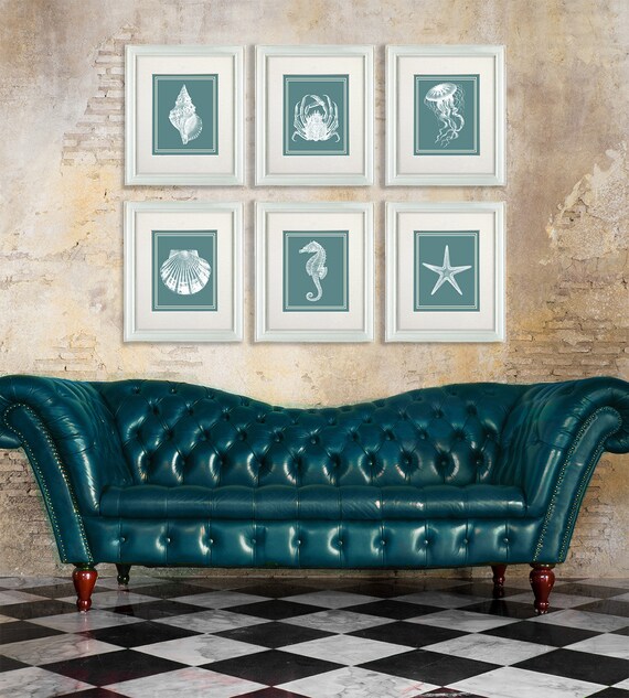 Nautical Prints White on Teal x6 beach decor wall decor