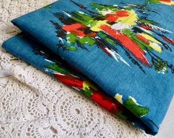 Vintage FRENCH ABSTRACT FABRIC, Brush Stroked Colors on a Teal Blue Background. Mid Century Cloth. Marked: Armorial. L 65cm x W 116cm.