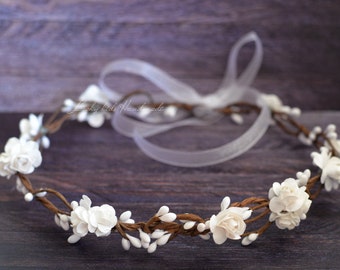 Flower crown wedding - White woodland crown - Bridal floral crown - Rustic flower crown - Flower girl wreath Hair wreath - Flower girl halo
