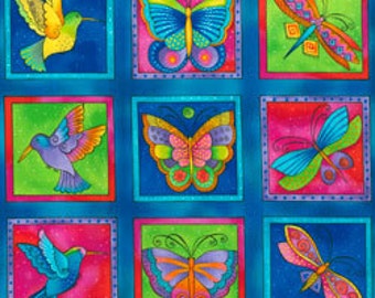 Laurel Burch Fabric Butterflies, Dragonflies, Humming Birds Dk Aqua Squares Flying Colors II 3 Rows 832-34
