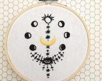 Crescent Moon Cycle with Evil Eye - Handmade Embroidery