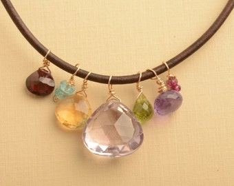 Amethyst Necklace, Gemstone Leather Necklace, February Birthstone, Healing Gemstone Jewelry, Purple Gemstone Necklace