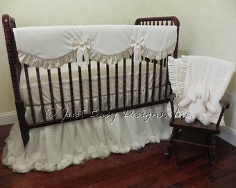 Baby Girl Crib Bedding Set Giselle Ivory - Ivory Baby Bedding, Cream Crib Bedding, Bumperless Crib Bedding, Princess Baby Bedding, Railcover