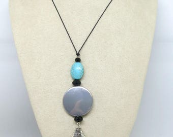 Turquoise Black Tassel Pendant , Boho Pendant, Beaded Pendant, Pendant Necklace ,Tassel Pendant ,Handmade Jewellery ,Wearable Art ,OOAK,