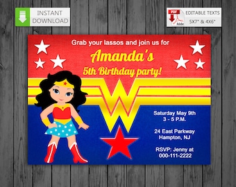 Printable invitation Wonder Girl in PDF with Editable Texts, Super Girl WW Invitation, edit and print yourself! - Instant Download! N2