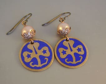 Brownie Points - Vintage 1960s Copper Girl Scout Brownie Trefoil Pins Pearls Niobium Wires Recycled Repurposed Earrings
