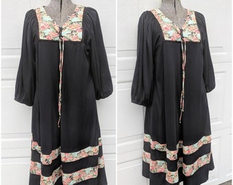 Vintage Long Sleeve Boho Peasant Midi Dress, L