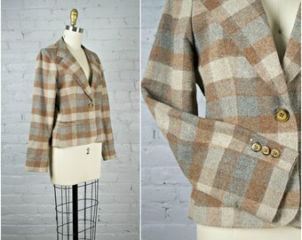 vintage short wool jacket . 1980s brown plaid fitted blazer . small